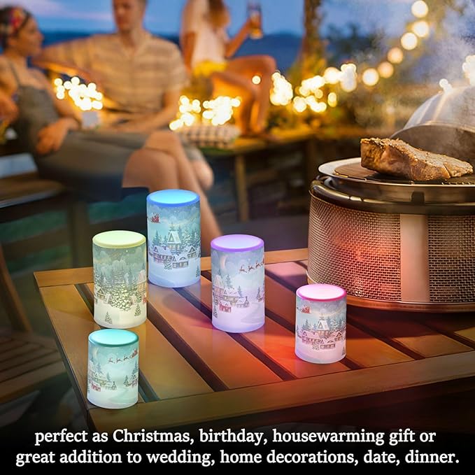 ALAZA Santa Reindeer Winter Christmas Scene Snow Flickering Flameless Candles Battery Operated with Remote Timer,Tea Light Candles LED Pillar Votive Candles Set of 2 for Outdoor Indoor Decorations