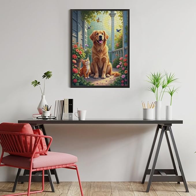 Wooden Puzzle - Garden Golden Retriever Jigsaw Puzzles，Wooden Puzzles for Adults 500 Pieces Challenge Puzzles，Educational Games，Family Puzzles，Unique Gifts for Wall Art