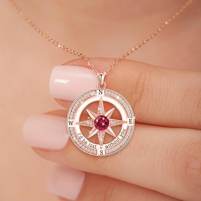 S925 Necklace Birthstone Compass Gift for Women Jewelry Sterling Silver Necklace for Wife Wedding Anniversary Girlfriend Birthday Gifts for Her Valentines Day Mom Mothers Day