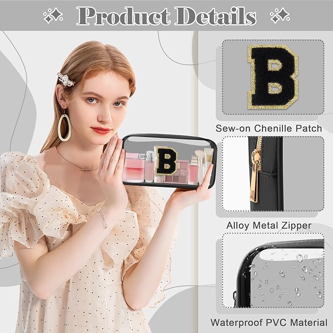 Personalized Initial Letter Clear Makeup Bag,Preppy Small Nylon&PVC Cosmetic Zipper Bag with Chenille Letter,Travel Skincare Toiletry Bag,Monogram Christmas Gift for Teen Girls Women,B