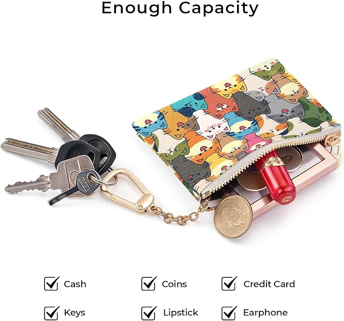 Colorful Cats Keychain Coin Purse for Women, Cute Small PU Leather Change Pouch, Zipper Little Tiny Travel Wallet for Girls, Cute Kawaii Zip Pocket Coin Holder with Key Ring