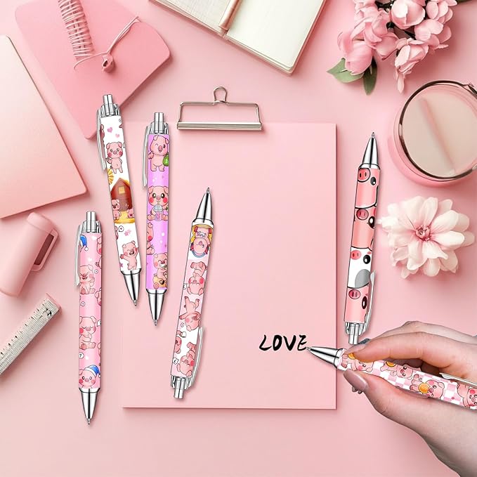 Idealmuzik Pink Pig Pens Set – Cute Piggy Gel Pens for Animal Lovers – Fun Writing Stationery Gift for Office, or Journaling – New Year Gifts, 6 Pack