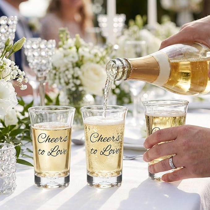 25 Set Wedding Favors for Guests Bulk,Acrylic Cheers to Love Wedding Shot Glasses with Bottle Opener Thank You Cards and Organza Bags,Souvenirs for Guests