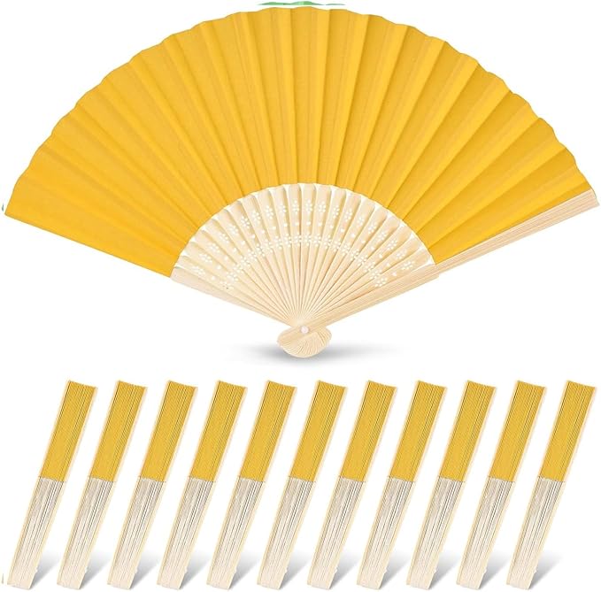 JOHOUSE 12 Pcs Foldable Hand Fan, 8.3 Inch Yellow Paper Fans for Lemon Party Decorations, Wedding, Baby Shower DIY Crafts Photography Props