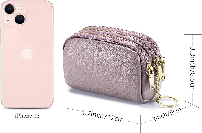 LINNO 3 Zippered Genuine Leather Coin Purse Triple Capacity Change Pouch Little Travel Wallet With Key Ring for Women