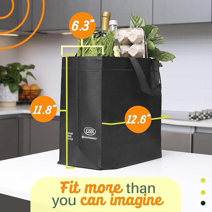 Simply Cool 200 Pack Black Reusable Eco-Friendly Grocery Shopping Bags 12.6"x6.3"x11.8" Durable, Environmentally Friendly Recyclable Shopping Bags Washable, Foldable, Portable Tote Bags Bulk