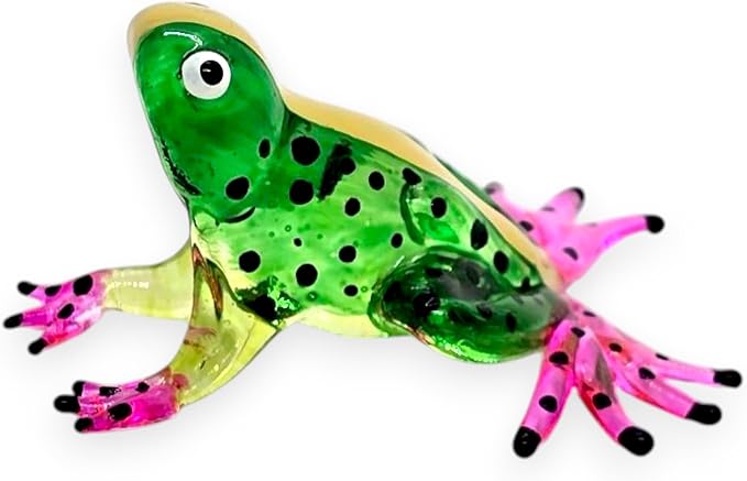 WitnyStore 2⅛" Green Yellow Black Dot Frog Artistic Blown Glass Figurine Premium Hand-Blown Statue Tabletop Decoration Unique Collectible for Adult Collectors Handcrafted Elegant Home Room Decor