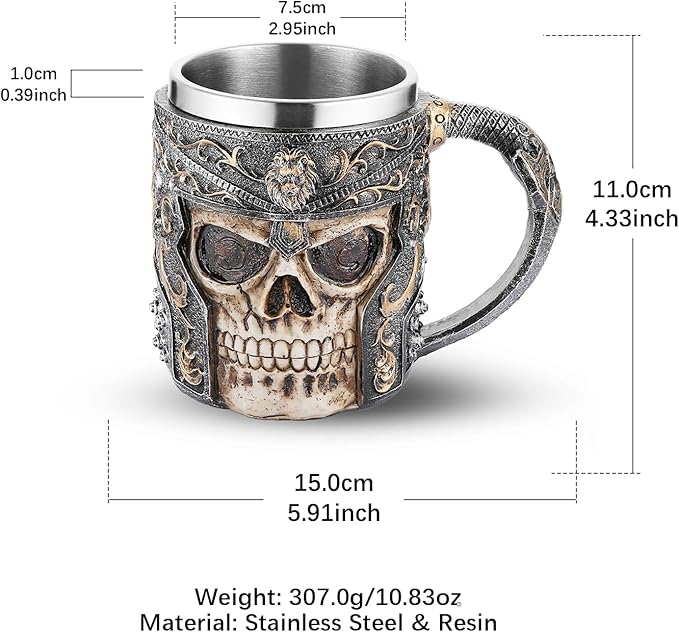 AsAlways Stainless Steel Skull Beer Mug Gothic Beer Stein Novelty Wine Coffee Drinking Cup Halloween Renaissance Accessory Gift 400ML/13.5OZ