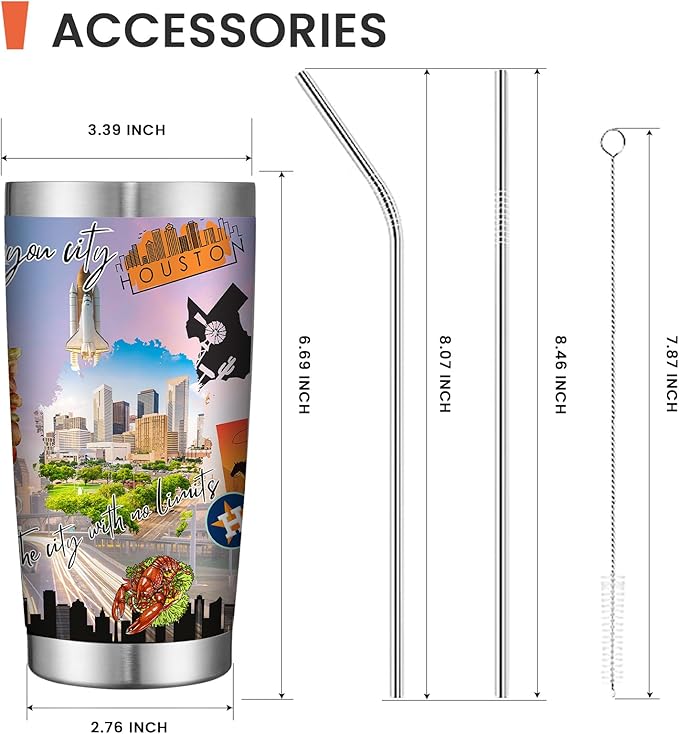 20oz Insulated Tumbler Huston City State Coffee Mug, United States Map Travel Mug Landmark, Birthday Gifts Cute Custom Tumbler Cups with Lid and Straw Gifts for Mom