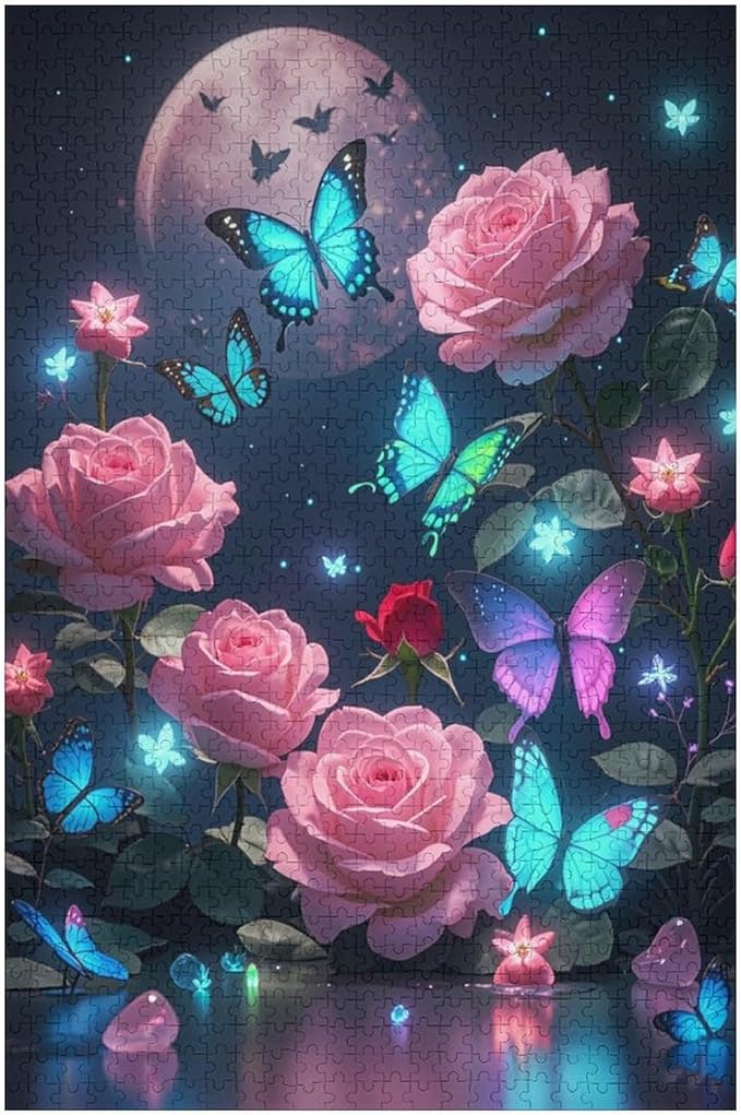 Wooden Puzzles 1000 Piece，Butterfly and Rose Themed Jigsaw Puzzles Challenge Puzzles，Educational Games，Family Puzzles，Unique Gifts for Wall Art，Funny Puzzles