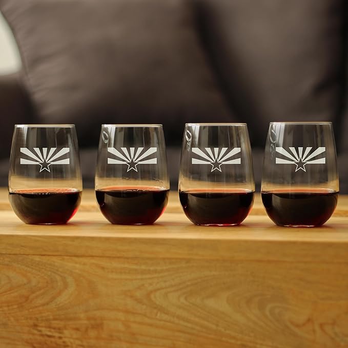 Bevvee Arizona Flag - Stemless Wine Glass - State Themed Drinking Decor and Gifts for Arizonans - Set of 4 - Large 17 Ounce