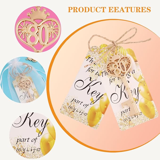 24 Sets 80 Birthday Party Favors Key Bottle Opener, 80th Beer Opener Keychain Favors for Guest with Organza Bags and Tags,Beer Keychain Bottle Openers for Birthday Party Decoration Supplies (gold-80)