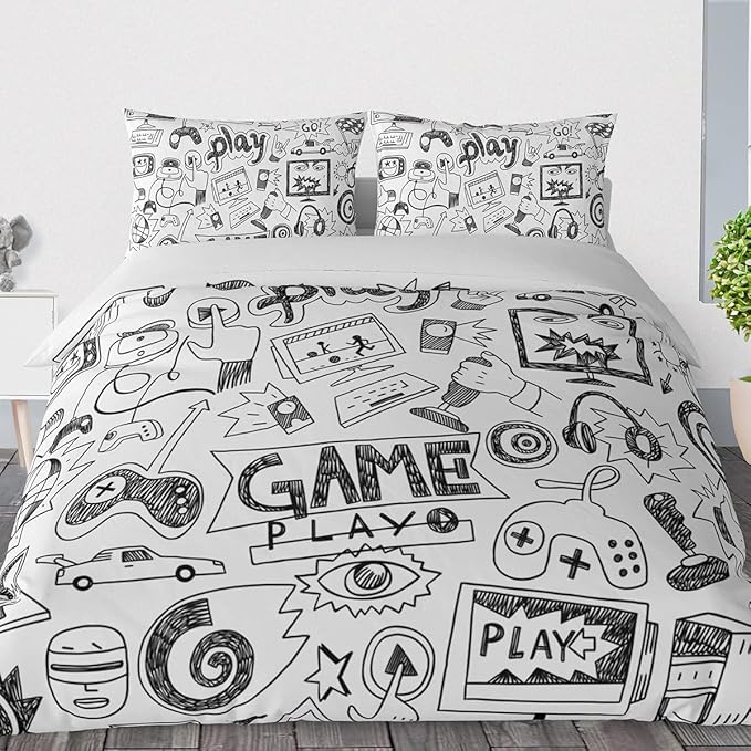 Gaming Comforter Sets for Boys Teen Queen Size,Kids Video Games Bedding Set Sketch Style Athletic Racing Game Design Bedroom Home Decor