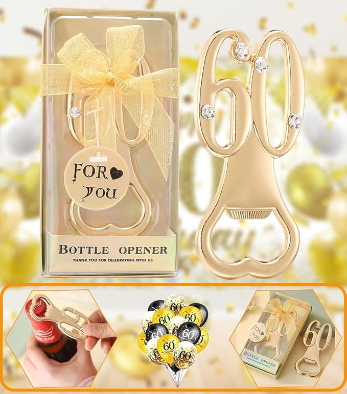 24 pcs Golden 60 Bottle Openers for Guests 60th Birthday Party Favors Rhinestones Decorations for Birthday souvenirs Keepsake for Guests(Gold, 60 style)