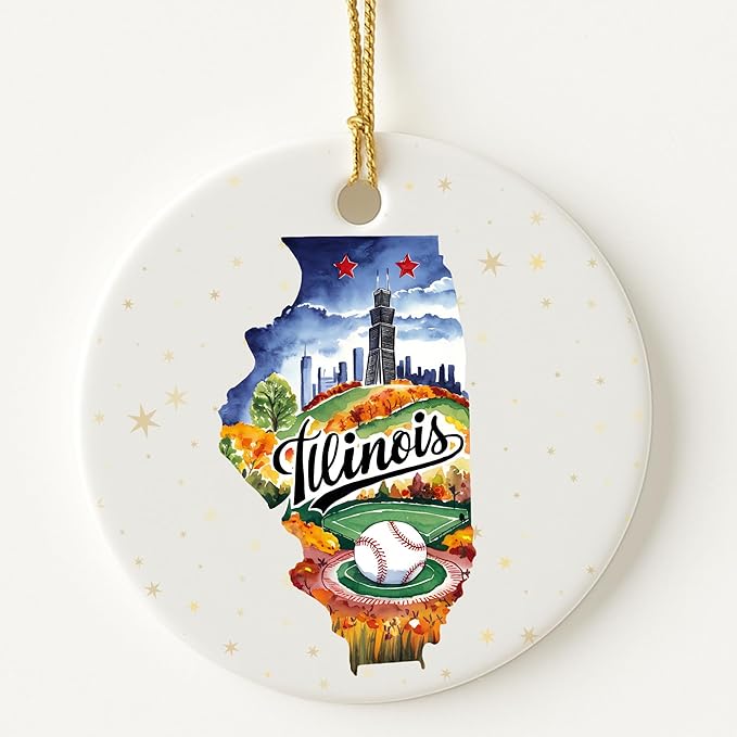 USA State Landmark Ceramic Ornament – Round Glossy Christmas Decoration Featuring U.S. State Art, Landmarks & Holiday Scenery – Collectible Travel Souvenir Ornament Series (Illinois)