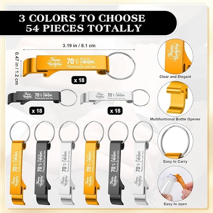 Dandat 54 Sets 70th Birthday Party Favors for Guests Birthday Beer Opener Keychain Cheers to 70 Bottle Opener Keychain with Thank You Cards and Gift Bags for Anniversary Wedding Party Favors