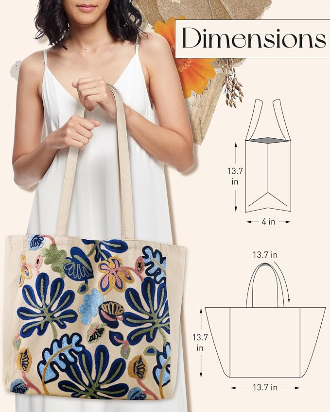 Miss Adola Aesthetic Embroidery Tote Bag for Women - Reusable Canvas Cute Shoulder Bag for Shopping, Grocery, Work, Book