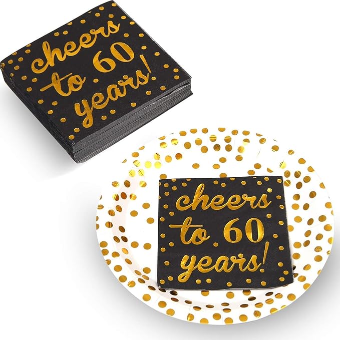 Elcoho 60 Pack Cocktail Napkins 60th Birthday Decorations Luncheon Napkins for Birthday, Anniversary Party Supplies (60th Anniversary)