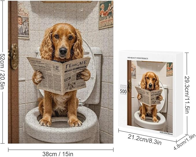Funny Wooden Puzzle - Goldendoodle on Toilet Reading Newspaper Puzzle for Adult 500 Piece，Wooden Jigsaw Puzzles Art Leisure Game Fun Suitable Family Friends Educational Learning Games Gift