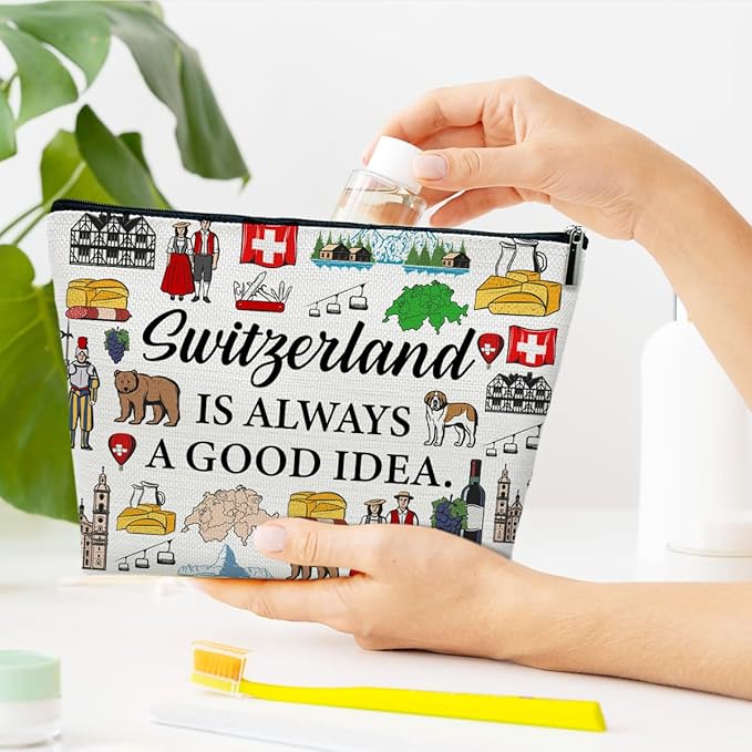 Switzerland Travel Makeup Bag, Vacation Gift, Switzerland Country Cosmetic Bag, Trip Souvenir and Travel Memory Gift, Merchandise Zipper Storage Organizer Pouch