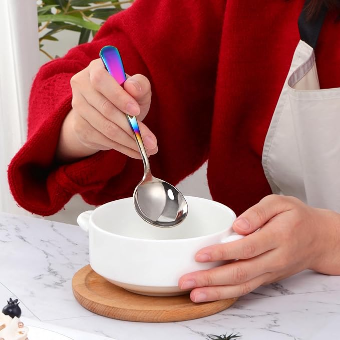 Buyer Star 8 Pieces Stainless Steel Round Soup Spoon, 6.3 Inch Mirror Polished Spoon Cutlery, Dishwasher Safe (Gradual Rainbow)
