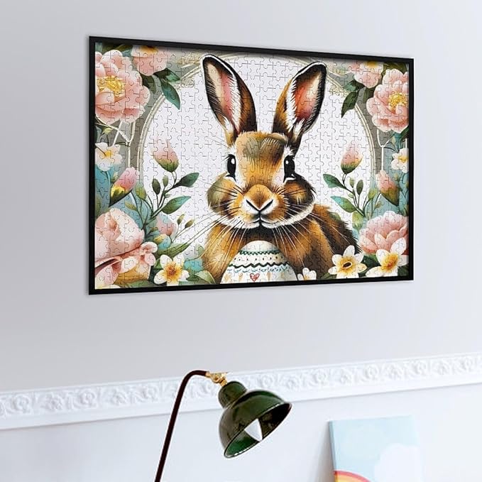Wooden Puzzle - Easter Bunny with Flower Easter Egg Jigsaw Puzzles，Wooden Puzzles for Adults 500 Pieces Challenge Puzzles，Educational Games，Family Puzzles，Unique Gifts for Wall Art