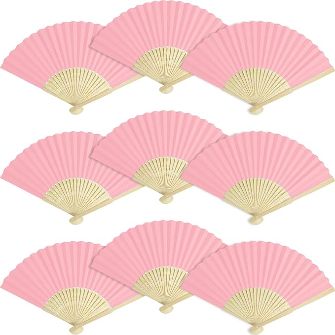 50 Pieces Paper Fans Paper Hand Fan Bamboo Folding Fan Handheld Fan Paper Folded Fan Paper Fan for Wedding Party and Home Decoration (Pink)