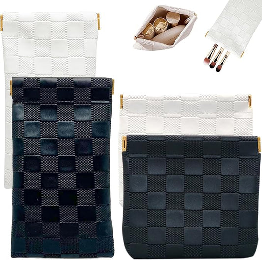 4PCS Small Makeup Bag for Purse, Mini Leather Pocket Cosmetic Bag for Women, Waterproof Portable Makeup Pouch No Zipper Coin Purse Lipstick Bag Accessories, Checkered Travel Storage Bag(White, Black)