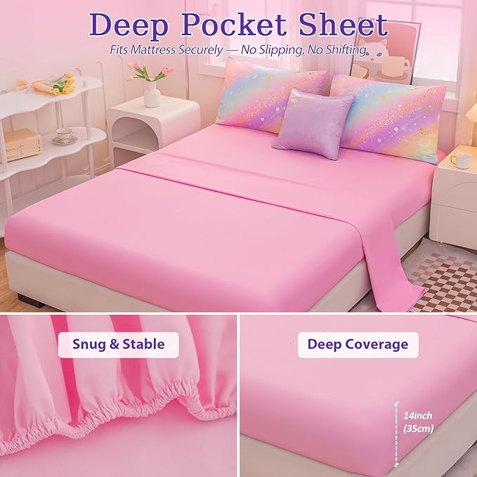 Rainbow Bedding Set Queen Size – 6-Piece Reversible Girls Comforter with Deep-Pocket Sheet, Gradient Galaxy Design, Whole-Piece Filling, Machine Washable Bed-in-a-Bag for Kids Room Makeover & Gifts