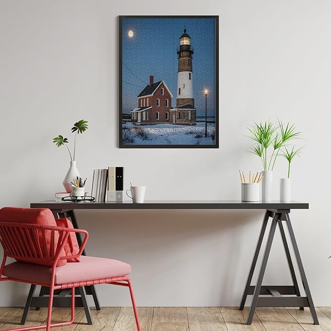 Puzzles for Adults 500 Pieces Wooden Jigsaw Puzzle - Lighthouse Near Building Winter Theme Puzzle，Party Games，Family Toys，Educational Puzzles，Stress Relief Wooden Puzzle，Gifts for Family and Friends