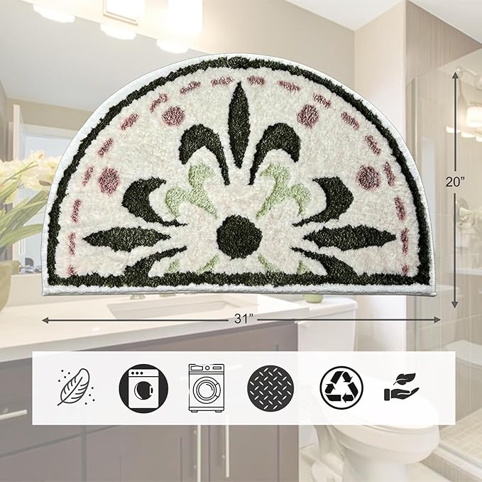Washable Cute Bath Mat for Bathroom,31x20 Half Circle Non-Slip Small Bath Rugs, Absorbent Quick Dry Bath Mats, Plush Carpet for Bathtub, Boho Farmhouse Decor (Green Flower)