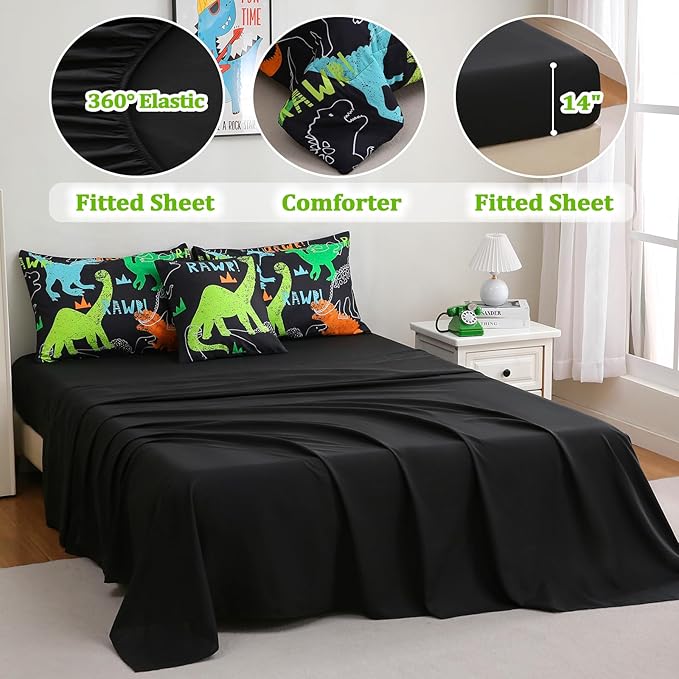 6 Pcs Bed in A Bag Full Comforter Set for Boys Girls, Dinosaur Comforter, Dinosaur Bedding Sets with Sheets for Kids
