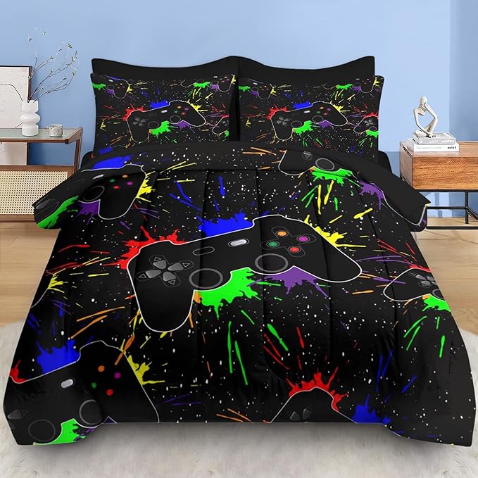 Comforter Set Twin Size, Gamepad Computer Game 5 Pcs Bedding for Kids and Adults, Play Video Gaming Bed Sheet Sets with Fitted Sheet Pillowcase & Sham for Bedroom Bed Decor