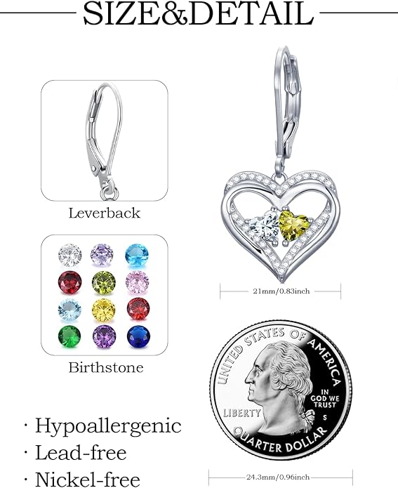 Heart Leverback Earrings Double Birthstone Dangle Earrings for Women, Love Jewelry for Her, Christmas Gifts for Women, Anniversary Birthday Gift for Mom Wife Girlfriend