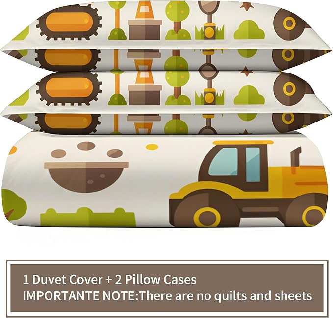 Cartoon Construction Vehicles Bedding Set Twin Size Excavator Bulldozer Duvet Cover Colorful Engineering Comforter Cover Kids Construction-Themed Comforter Set Soft Microfiber for Bedroom