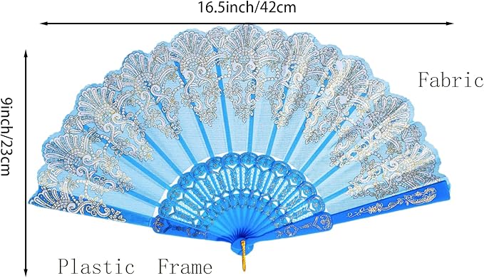 QIRMIZI 10 Pack Folding Handheld Fans,Silk Spanish Fan, Perfect for Weddings, Parties, and Dancing,Light Blue