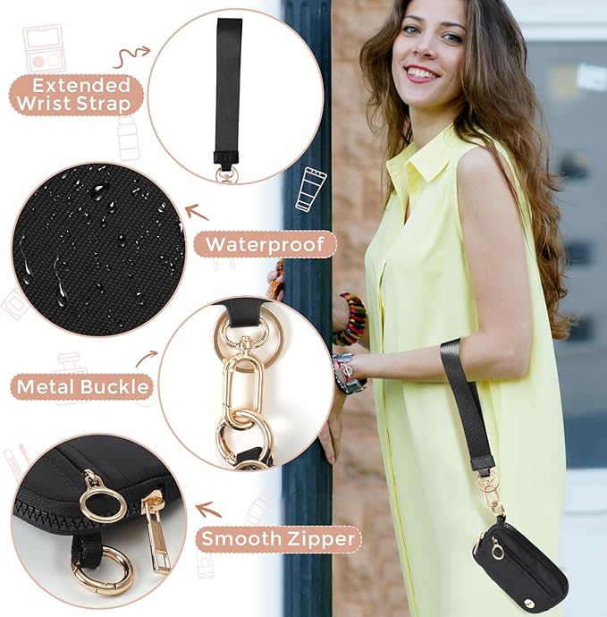 Wristlet Keychain Wallets for Women RFID Blocking Credit Card Holder Small Zipper Coin Purse Change Pouch with ID Window and Detachable Wrist Strap Black White Checkered