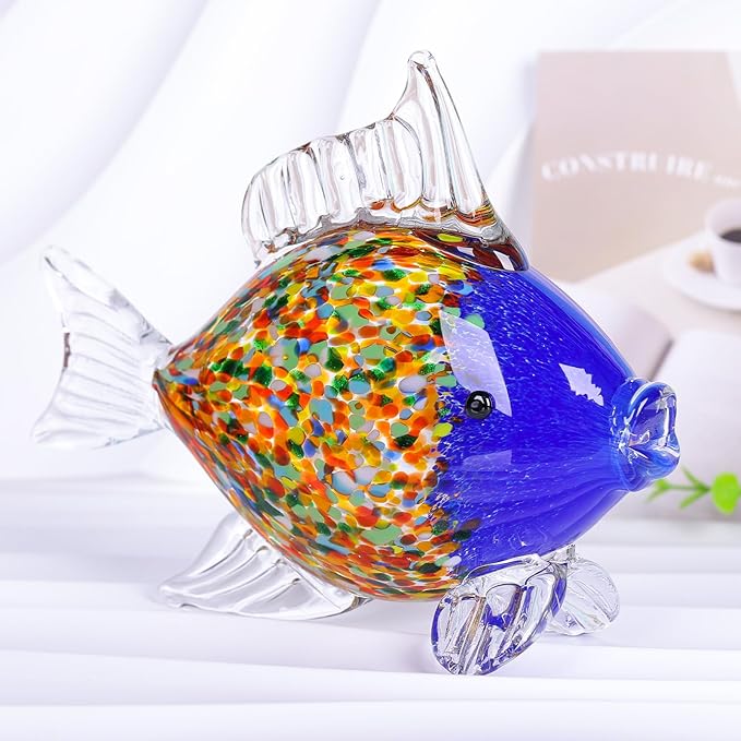 Colorful Blown Glass Fish Figurine – Blue Art Animal Sculpture for Ocean Coastal Home Decor, Handcrafted Glass Fish Ornament for Tabletop, Shelf, or Aquarium Theme Display (G)