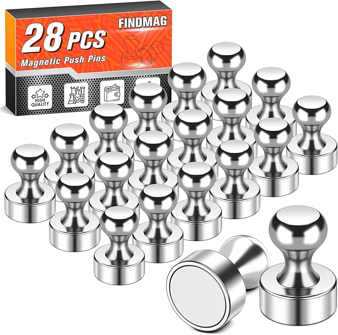 FINDMAG Fridge Magnet, Powerful Small Silver Refrigerator Magnets, Cute Magnetic Push Pins for Adults, Strong Locker Magnets for Whiteboard, Office, Kitchen, Classroom, Photos & Notes, Pack of 28