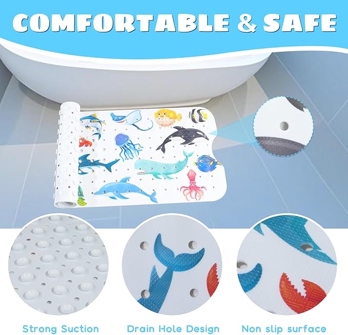 Baby Bath Mat for Tub Non Slip Kids Bathtub Mat Extra Long 40X16 Inch Toddler Bath Tub Shower Mat Anti Slip with Suction Cups & Drain Holes, Machine Washable (Ocean Animals)