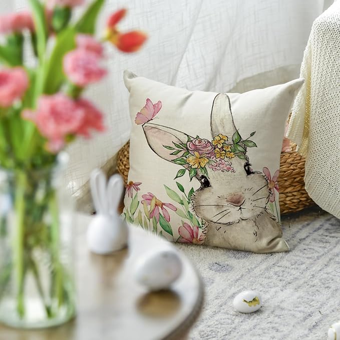 AVOIN colorlife Easter Floral Garland Bunny Throw Pillow Cover, 18 x 18 Inch Spring Rabbit Holiday Cushion Case Decoration for Sofa Couch Set of 2