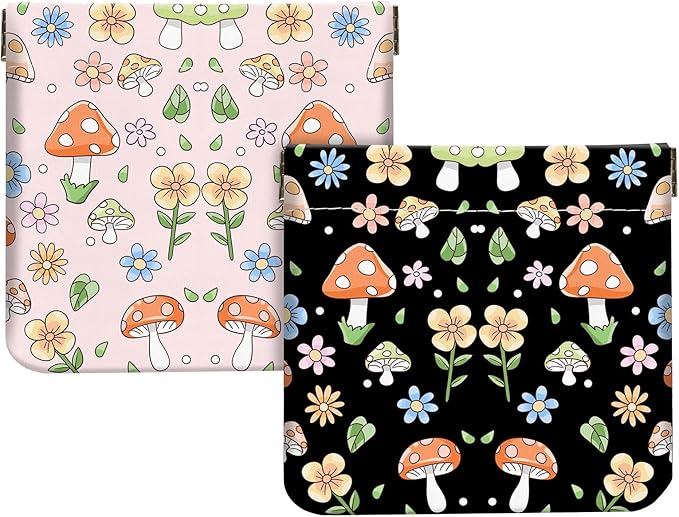 2Pcs PU Leather Small Squeeze Coin Purse Pouch Mini coin Bag Unique And Cute Wallet Cosmetic Bags Change Bag For Women Girls Men （Black and Pink Mushrooms