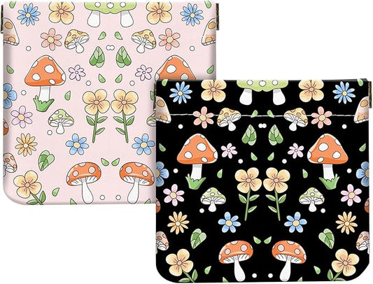 2Pcs PU Leather Small Squeeze Coin Purse Pouch Mini coin Bag Unique And Cute Wallet Cosmetic Bags Change Bag For Women Girls Men （Black and Pink Mushrooms