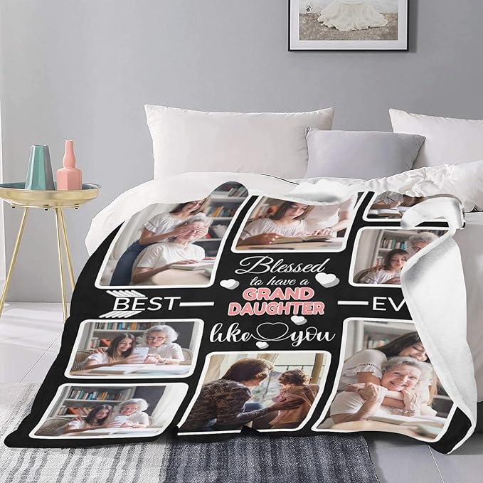 Custom Blanket Gifts for Granddaughter, Customized Blankets with Photos, Make a Personalized Bed Throws, Custom Souvenir Throw Blanket for Best Granddaughter Ever, 8 Collages Made in USA