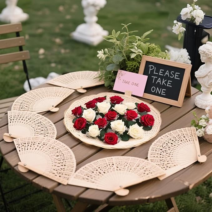 Wobe 60 Pack Sandalwood Fans Wedding Favors, Hand Held Folding Fans Wooden Openwork Personal Handheld Folding Fans for Wedding Party, Home Decorations Birthday Gift