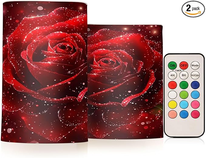 ALAZA Red Glitter Rose Floral Flowers Flickering Flameless Candles Battery Operated with Remote Timer,Tea Light Candles LED Pillar Votive Candles Set of 2 for Outdoor Indoor Decorations