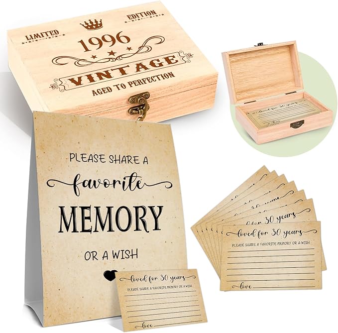 30th Birthday Party Share a Memory Set, 1996 Birthday Gifts for Women Men, 1996 Wooden Share A Memory Box with Memory Sign and 50 Pcs Memory Cards, 1996 Birthday Gifts, 30th Birthday Party Decorations
