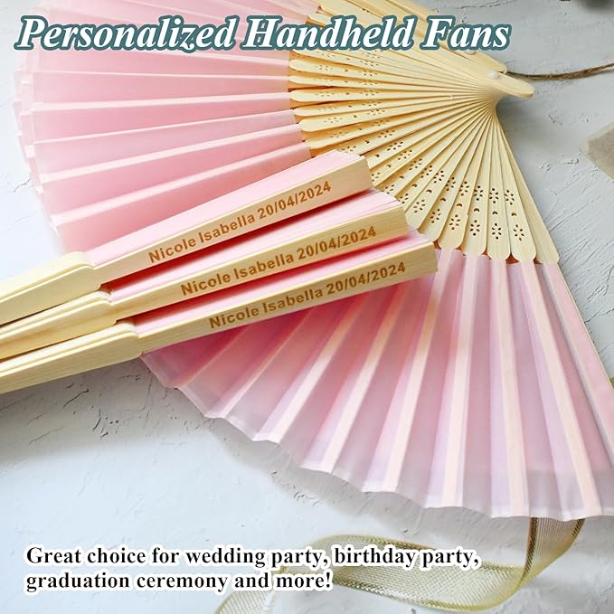5 Sets Personalized Pink Hand Fans, Custom Engraved Folding Fans for Wedding Guests, Bamboo Folded Handheld Fan Wedding Fan Bridal Dancing Props Party Favors Bridal Shower Gifts