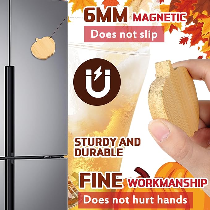 Vesici 12 Pcs Bamboo Pumpkin Shape Magnetic Bottle Opener 2.5in DIY Bamboo Beer Openers Wooden Fridge Magnet Refrigerator Sticker Gift for Thanksgiving Christmas Beer Lover Wedding Guest Kitchens Bars