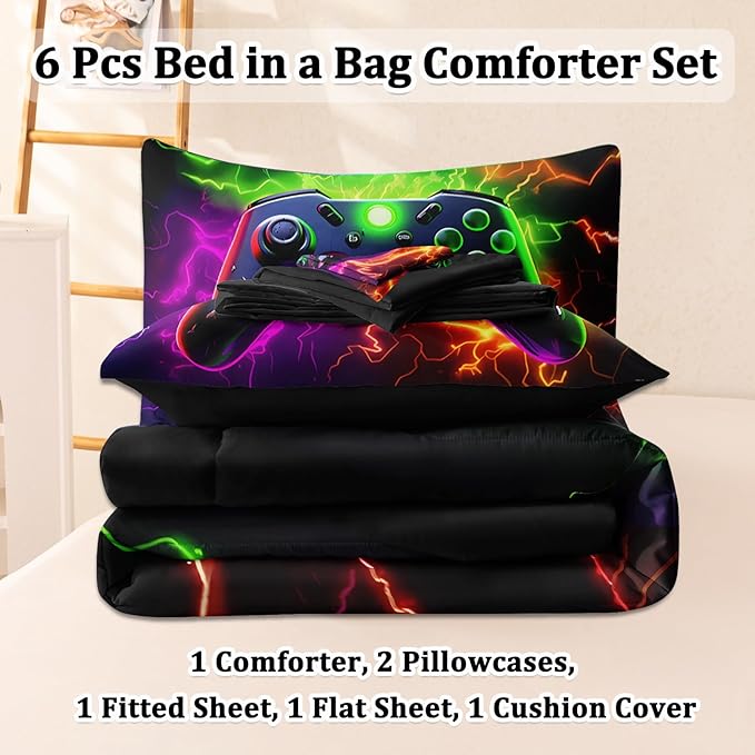 6 Pcs Full Size Bedding Set, Gaming Comforter Sets for Boys & Teens, Full Gamer Bedding Sets